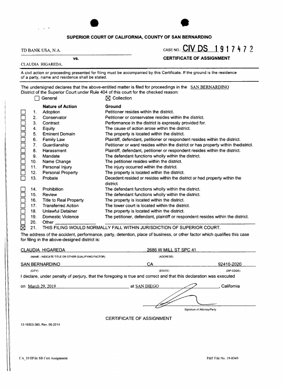 san bernardino county certificate of assignment