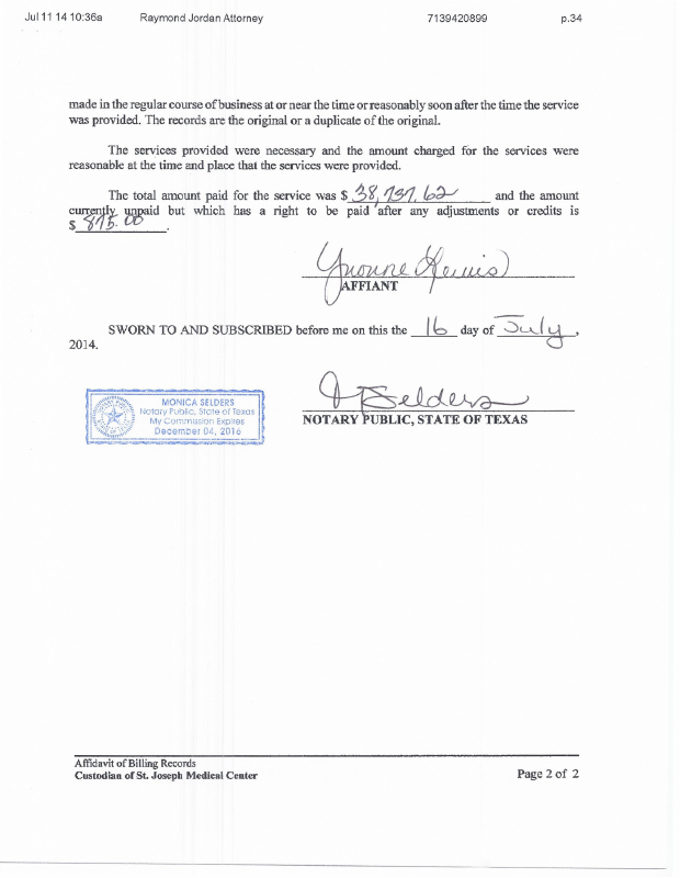 Affidavit Of Billing Records Custodian Of St Joseph Medical Center July 25 2014 Trellis 2803