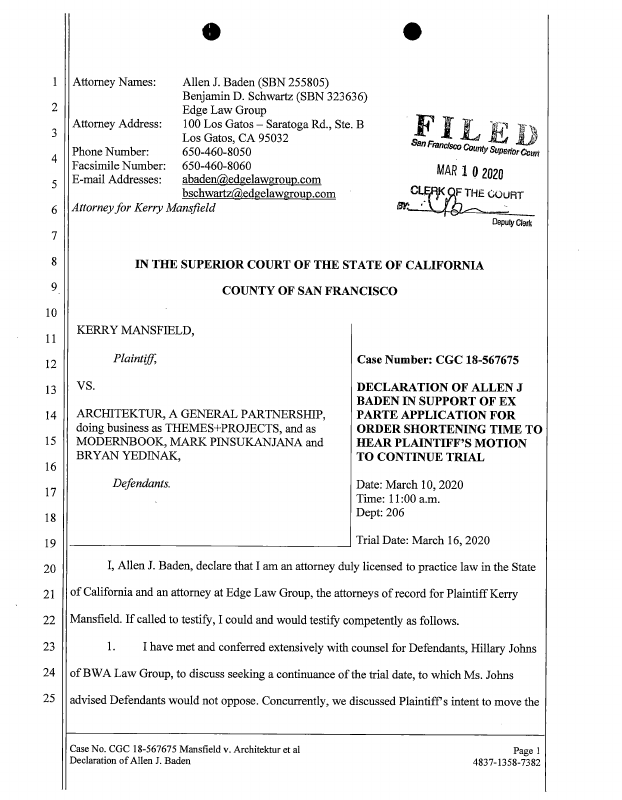 General Motion To Continue Trial For California State Superior Court Trellis