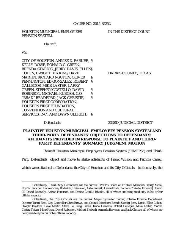 Plaintiff Houston Municipal Employees Pension System And Third Party Defendants Objections To