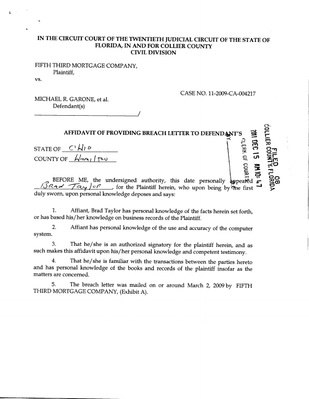 Affidavit of Breach Letter To Defendants December 15, 2011 Trellis