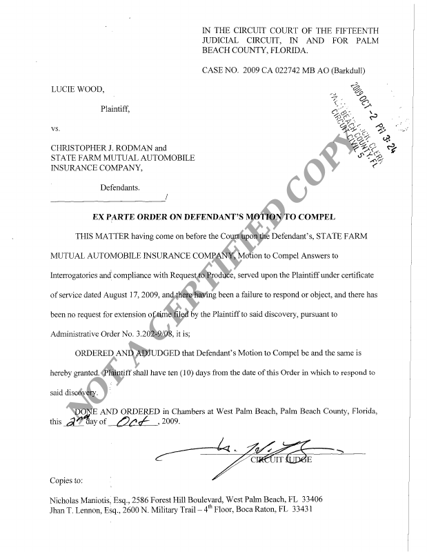 Order Granting Motion To Compel Wood Lucie V Rodman Christopher J Trellis