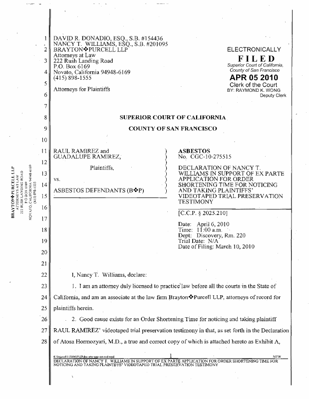 Discovery Motion Ex Parte Application For Order Shortening Time To Schedule Deposition For California State Superior Court Trellis