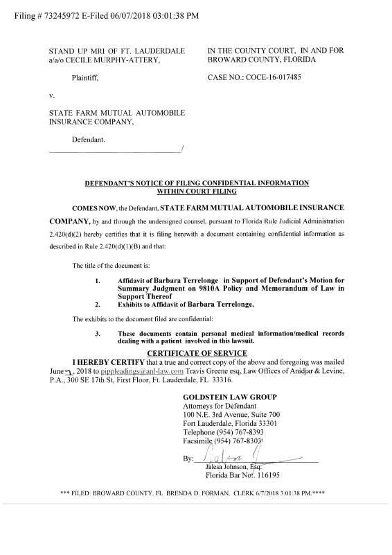 Notice Of Confidential Information Within Court Filing 1 Affidavit Of Barbara Terrelonge In 0780