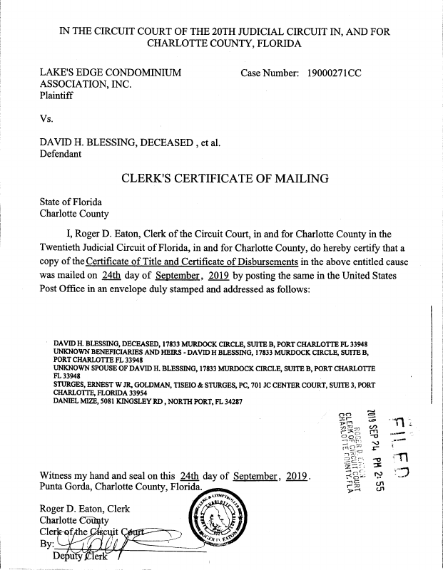 CLERKS CERTIFICATE OF MAILING FOR CERTIFICATE OF TITLE AND CERTIFICATE
