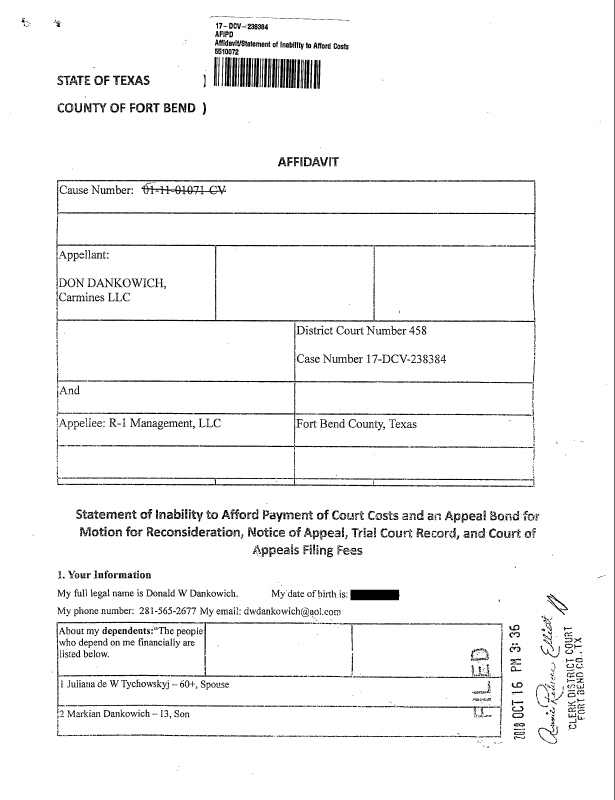 Affidavit/Statement of Inability to Afford Costs Doc ID# 54Statement of