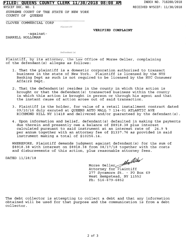 Document for Clover Commercial Corp. v. Darrell Holloman | Trellis
