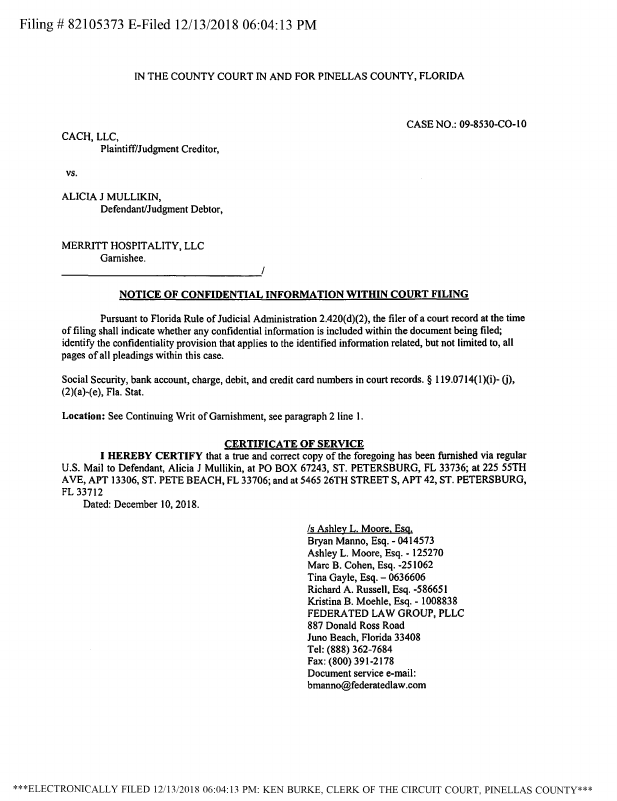 NOTICE OF CONFIDENTIAL INFORMATION WITHIN COURT FILE Doc # 20 December