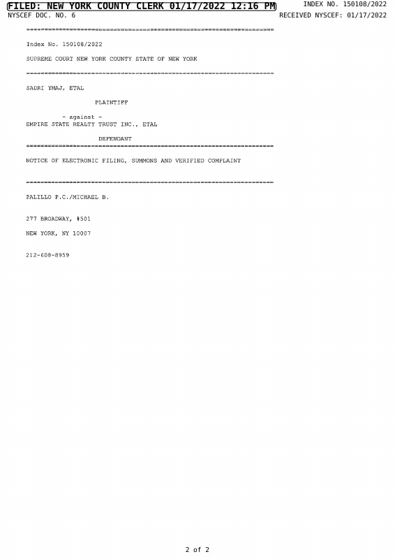 Document for Sadri Ymaj, Pranvera Ymaj v. Empire State Realty Trust Inc ...