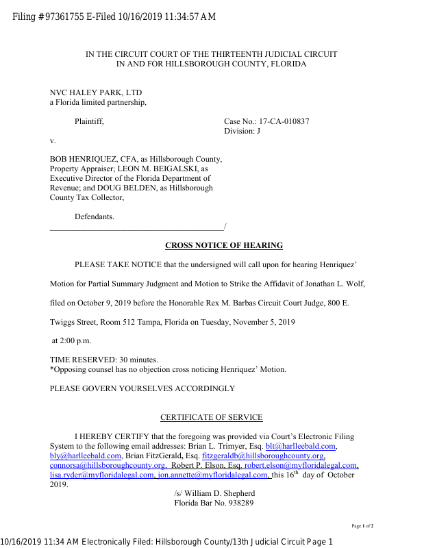 CROSS NOTICE OF HEARING MOTION FOR PARTIAL SUMMARY JUDGMENT AND