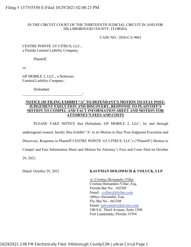 NOTICE OF FILING - EXHIBIT A TO DEFENDANT S MOTION TO STAY POST ...
