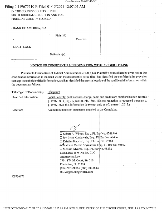Notice Of Confidential Information Within Court File Doc 4 January 15 2021 Trellis 7011