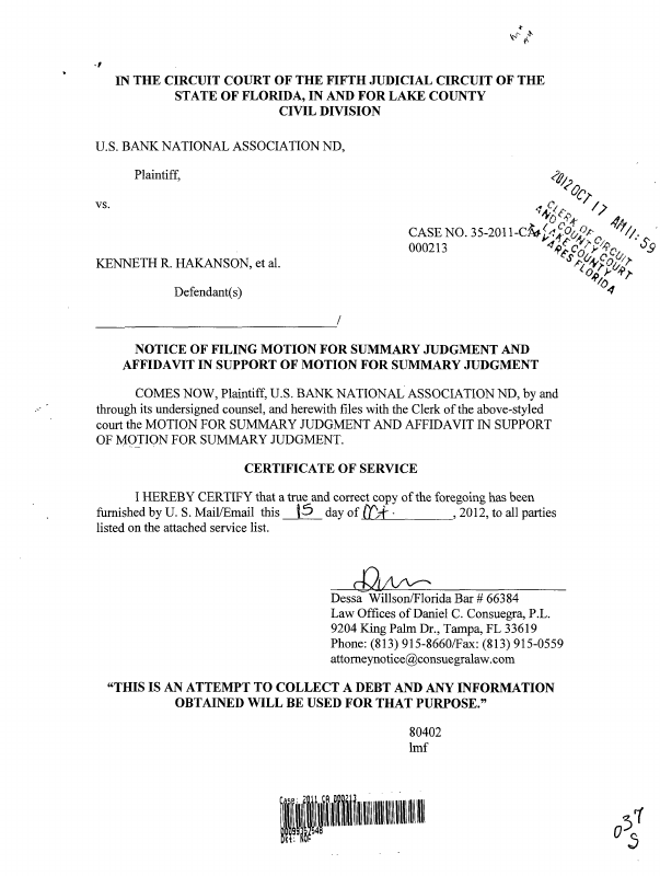 NOTICE OF FILING PLTFS NOTICE OF FILING: MOTION FOR SUMMARY JUDGMENT